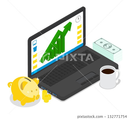 Isometric open laptop with a capital growth chart and a golden piggy bank sits on desk in a financial trader workspace. Realistic 3D vector concept isolated on white 132771754