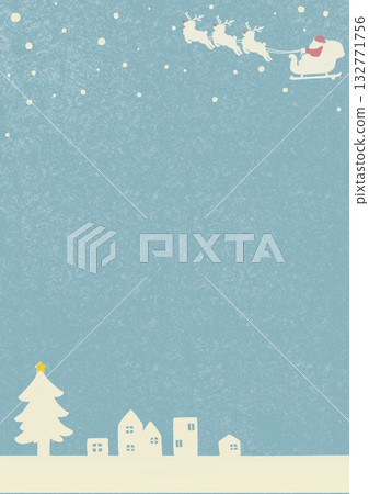 聖誕樹和城市景觀賀卡，聖誕老人和馴鹿，淺藍色，垂直版 132771756