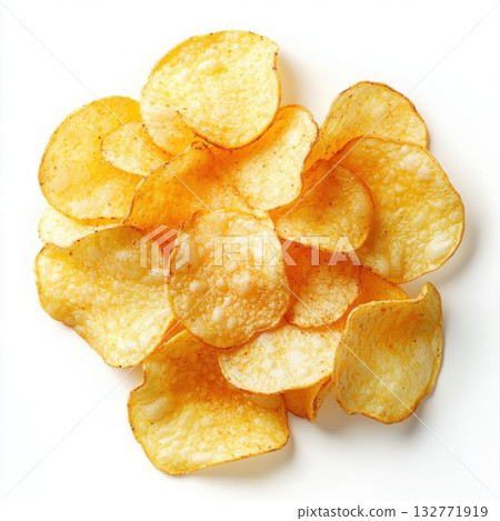 Crispy potato chips arranged in a casual pile on a white background 132771919
