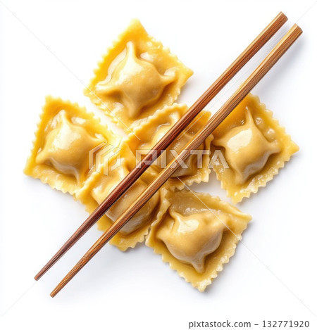 Delicious handmade dumplings served with chopsticks on a clean white background Delicious handmade dumplings served with chopsticks on a clean white background 132771920