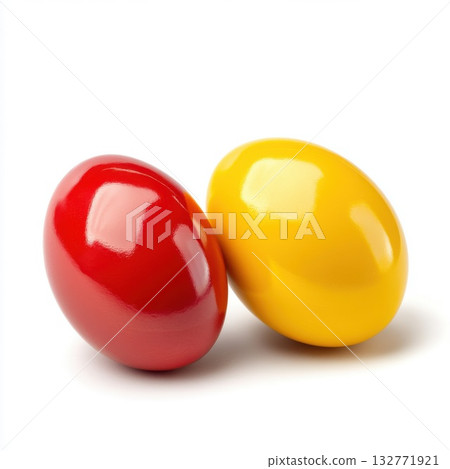 Colorful red and yellow eggs display on a white background for a festive occasion or decoration Colorful red and yellow eggs display on a white background for a festive occasion or decoration 132771921