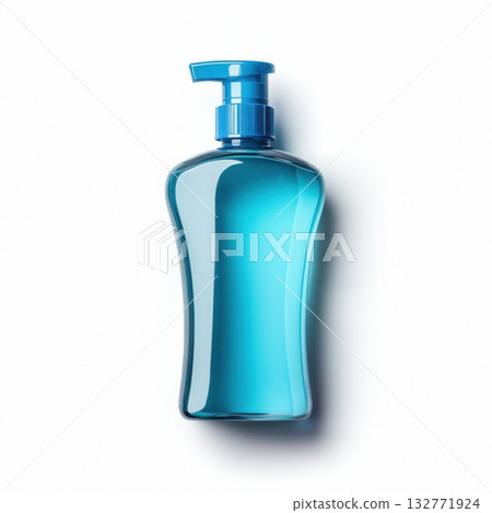 Clear blue liquid soap in a stylish pump bottle for everyday use and personal care at home 132771924