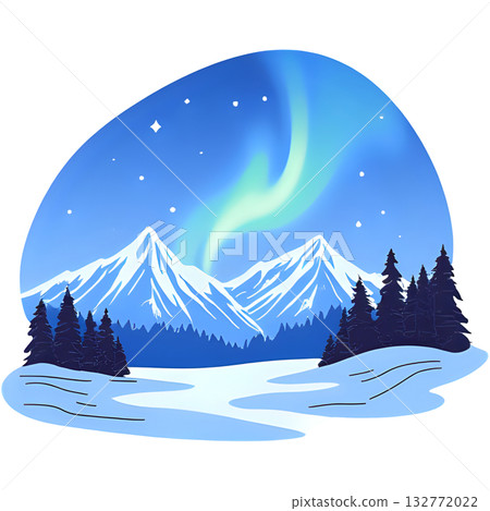 以北極光為背景的雪山景觀插圖 132772022