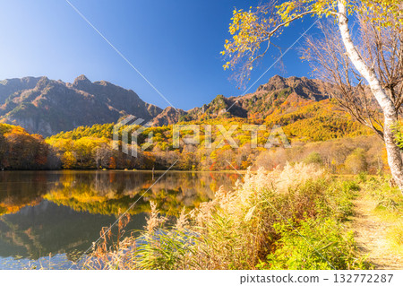 Nagano Prefecture: Kagami Pond and Togakushi at the peak of autumn foliage Nagano Prefecture: Kagami Pond and Togakushi at the peak of autumn foliage 132772287