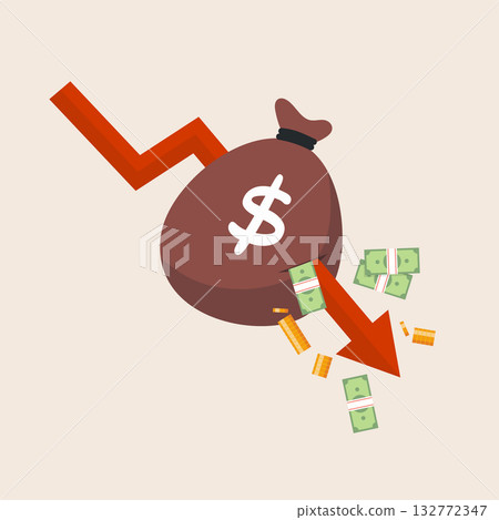 Red arrow graphs fall down to attack the money bag. Red arrow graphs fall down to attack the money bag. 132772347