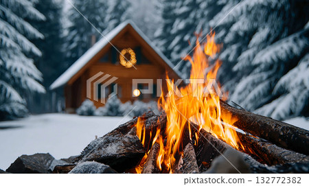 bonfire, winter, house 132772382