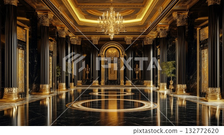 Elegant black palace hall with golden details and marble flooring Elegant black palace hall with golden details and marble flooring 132772620