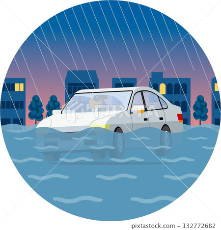 被淹的汽車_夜晚_圓形 被淹的汽車_夜晚_圓形 132772682
