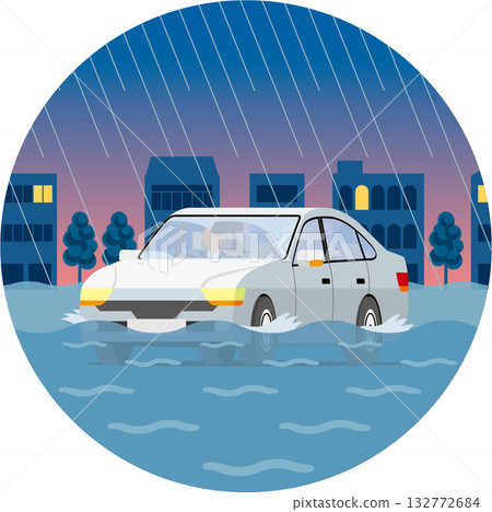 Cars driving on flooded roads at night_Circle Cars driving on flooded roads at night_Circle 132772684