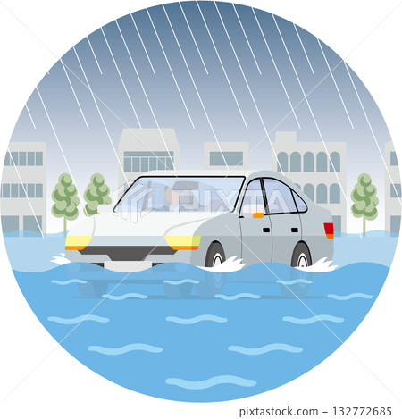 汽車在被洪水淹沒的道路上行駛_圓圈 132772685