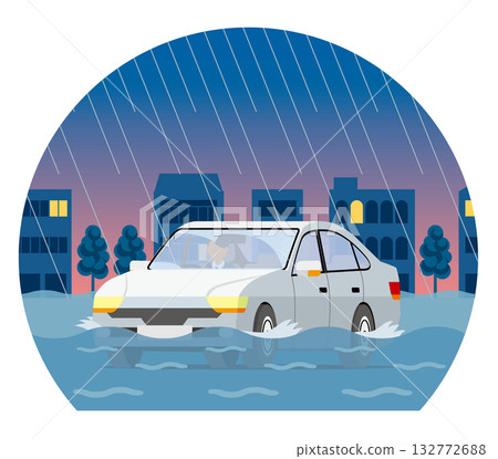 夜間穹頂類型下,汽車行駛在被洪水淹沒的道路上 夜間穹頂類型下,汽車行駛在被洪水淹沒的道路上 132772688