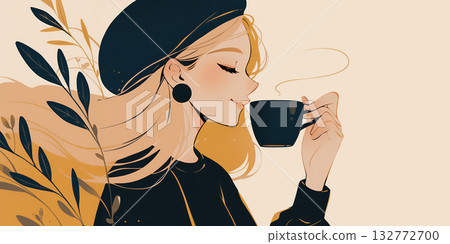 一位年輕女子正在喝咖啡的插圖 132772700