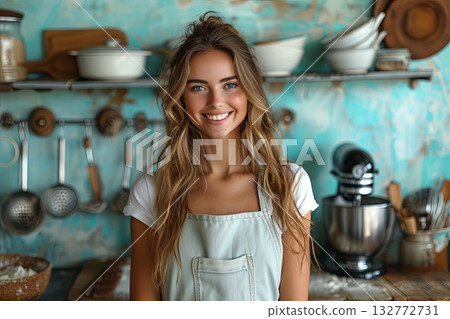 Blonde Woman Cooking Dessert With Modern Kitchen Mixer Blonde Woman Cooking Dessert With Modern Kitchen Mixer 132772731