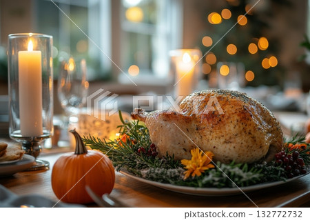 Festive Holiday Turkey With Candles And Pumpkin Decor 132772732