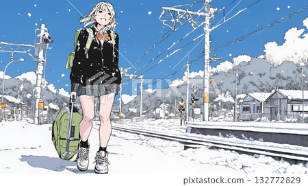High school girl going to school on a snowy day High school girl going to school on a snowy day 132772829