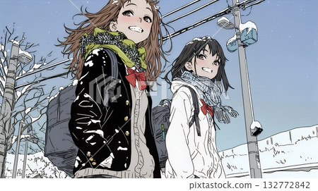 A high school girl commuting to school with friends on a snowy day 132772842