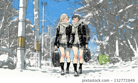 下雪天,一名高中女生和朋友一起去上學。 下雪天,一名高中女生和朋友一起去上學。 132772849