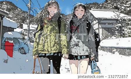 下雪天，一名高中女生和朋友一起去上學。 132772857