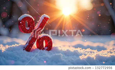 Red percentage sign on snow background outdoor, glitter and snowflakes and sun rays. Winter sale and discounts, Black Friday, New Year, Christmas. banner, flyer with copy space. AI generated Red percentage sign on snow background outdoor, glitter and snowflakes and sun rays. Winter sale and discounts, Black Friday, New Year, Christmas. banner, flyer with copy space. AI generated 132772956