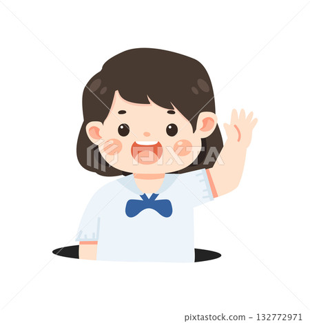 Cartoon Illustration of Girl Waving Cartoon Illustration of Girl Waving 132772971