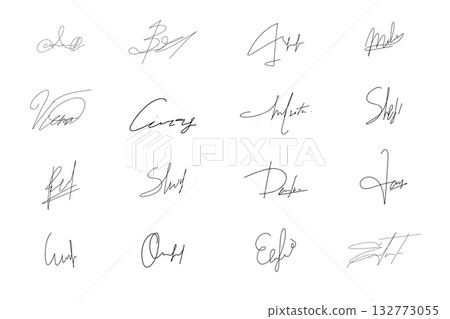 Fake autograph set hand drawn signature doodle sketch free hand pen sign. Ink name sample for contract, certificate, scribble line font. Fake autograph set hand drawn signature doodle sketch free hand pen sign. Ink name sample for contract, certificate, scribble line font. 132773055