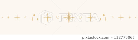 Celestial star border, golden line sparkle divider, simple elegant ornament. Festive shiny space elements. Magic separator, spiritual decoration. 132773065