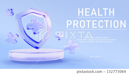 3d health protection landing page with podium, glass holographic shield and purple transparent crosses on blue background. Medical insurance platform, healthcare concept, web banner. 3D illustration 132773069