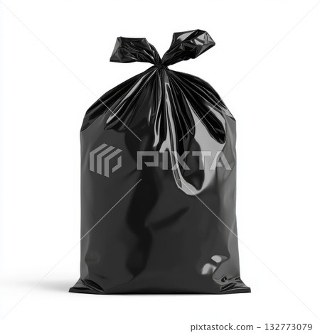 Black garbage bag filled with waste, ready for disposal in urban environment, representing waste management efforts Black garbage bag filled with waste, ready for disposal in urban environment, representing waste management efforts 132773079