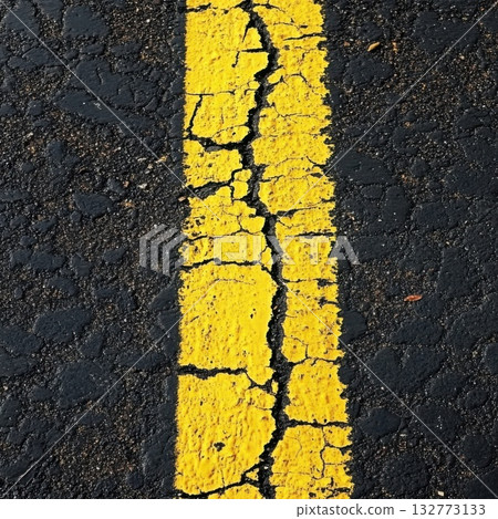 Cracked yellow line on asphalt indicating road damage in a rural area during daylight 132773133