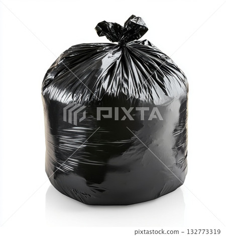 Black garbage bag filled with waste set against a white background for disposal and recycling purposes Black garbage bag filled with waste set against a white background for disposal and recycling purposes 132773319