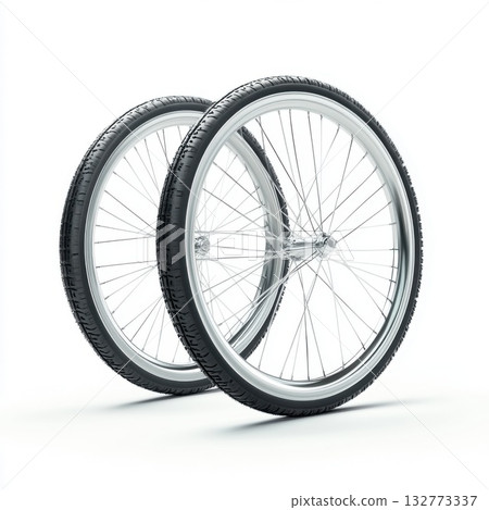 Bicycle wheels positioned in an artistic display showcasing their sleek design and structure 132773337