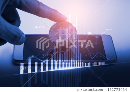 Modern way of exchange. Bitcoin is convenient payment in global economy market. Virtual digital currency and financial investment trade concept. Abstract cryptocurrency with gold bitcoin background. 132773434