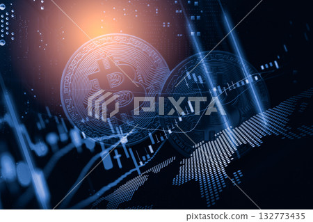 Modern way of exchange. Bitcoin is convenient payment in global economy market. Virtual digital currency and financial investment trade concept. Abstract cryptocurrency with gold bitcoin background. Modern way of exchange. Bitcoin is convenient payment in global economy market. Virtual digital currency and financial investment trade concept. Abstract cryptocurrency with gold bitcoin background. 132773435