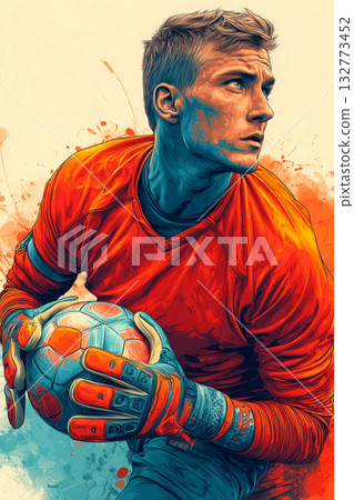 Soccer goalkeeper in orange jersey holding ball with focus Soccer goalkeeper in orange jersey holding ball with focus 132773452