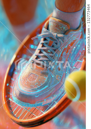 Tennis shoe on racket with ball in dynamic colorful light 132773464