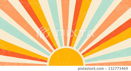 Sunset with rays summer 70s background. Groovy textured vintage radial pattern of beams. Abstract vector poster design. Grunge trendy illustration 132773469