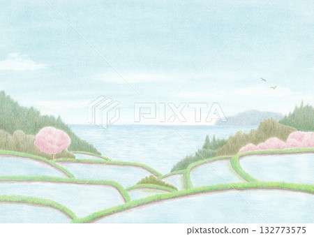 Spring sea and sky seen from the rice terraces Spring sea and sky seen from the rice terraces 132773575