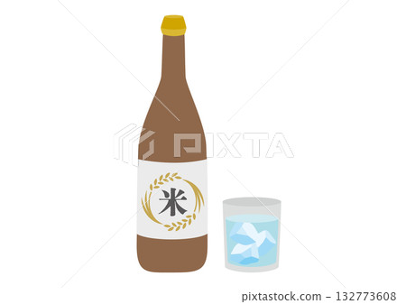 Illustration of a bottle and glass of rice shochu Illustration of a bottle and glass of rice shochu 132773608