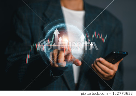 Visual representation of a marketing strategy with digital graphs and growth indicators, ideal for business and finance themes. Visual representation of a marketing strategy with digital graphs and growth indicators, ideal for business and finance themes. 132773632