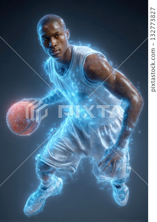Basketball player in digital glowing effect dribbling ball Basketball player in digital glowing effect dribbling ball 132773827