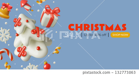 Winter holiday sale banner concept snowy 3D Christmas tree decorated with percentage sign 132773863
