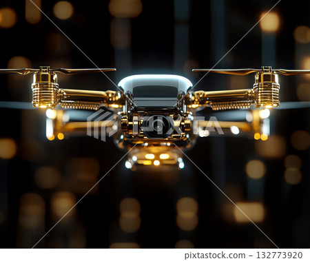A sleek golden drone hovering in a futuristic environment. A sleek golden drone hovering in a futuristic environment. 132773920