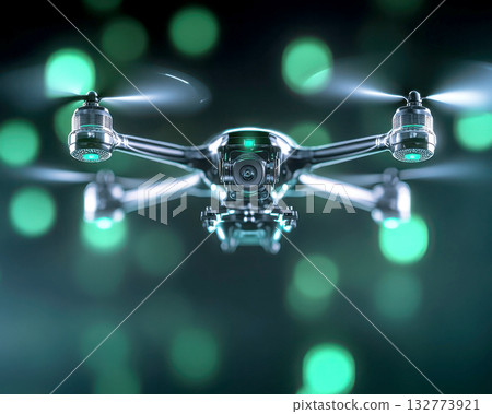 A sleek drone with spinning rotors in a futuristic setting. 132773921