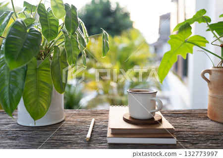 white coffee cup and stack of notebook and potted plant with balcony outdoor relaxing evening view white coffee cup and stack of notebook and potted plant with balcony outdoor relaxing evening view 132773997