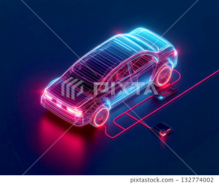Futuristic electric car in neon light, illustrating modern transport. 132774002