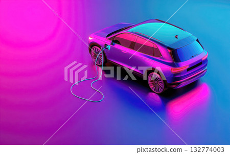 Futuristic electric car charging in vibrant neon colors. 132774003