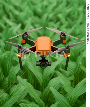 A drone hovering over a lush green field, showcasing innovation. 132774027