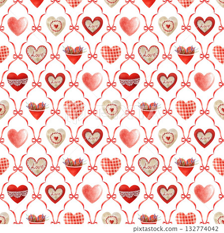 Valentines Day tile seamless pattern. Hand painted watercolor illustration red hearts in traditional vintage style. Perfect for romantic designs, holiday decor, and gift wrapping projects Valentines Day tile seamless pattern. Hand painted watercolor illustration red hearts in traditional vintage style. Perfect for romantic designs, holiday decor, and gift wrapping projects 132774042