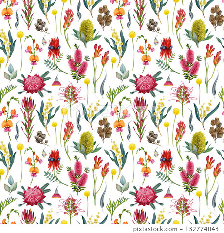 Australia native flowers seamless pattern on white background. Hand drawn realistic watercolor Australian flora elements. Waratah, golden wattle, grevillea, banksia, gum tree leaves seamless pattern Australia native flowers seamless pattern on white background. Hand drawn realistic watercolor Australian flora elements. Waratah, golden wattle, grevillea, banksia, gum tree leaves seamless pattern 132774043