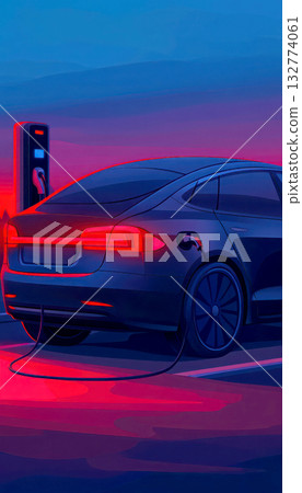 Electric vehicle charging at night with vibrant neon ambiance. Electric vehicle charging at night with vibrant neon ambiance. 132774061